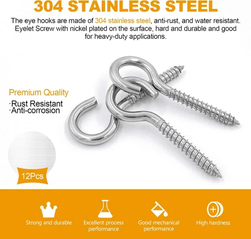 Vista 6 de Paquete de 6 ojos de tornillo de acero inoxidable 304 de 3.2 pulgadas, ganchos de rosca resistentes para soporte de hamaca, techo interior y exterior