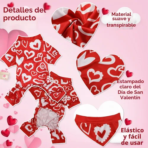 Vista 2 de Weewooday Pijama de 3 piezas para perro, conjunto de overol y overol para perro, ropa con patrón de corazón para cachorros y gatos (M