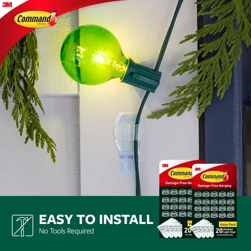 Vista 7 de Command - Clips para luces de exterior, 40 transparentes y 48 tiras, suspensión sin daños con tiras resistentes al clima, clips de pared para colgar
