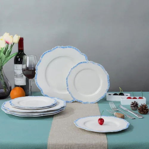 Vista 4 de fanquare - Juego de 4 vajilla de porcelana azul costera simple de 11 pulgadas Platos festoneados para comidas diarias, fiestas, banquetes, aptos
