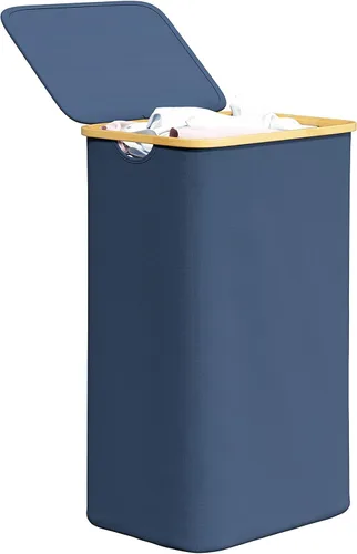 Vista 15 de SpaceAid Cesta de lavandería delgada con ruedas y tapa, cesta de ropa estrecha rodante de 62 litros con mango de bambú, canasta grande para ropa