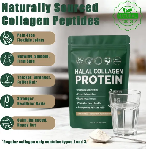 Vista 3 de Polvo de proteína de colágeno halal, péptidos de colágeno halal puro, polvo hidrolizado orgánico alimentado con pasto, brillo de la piel, soporte