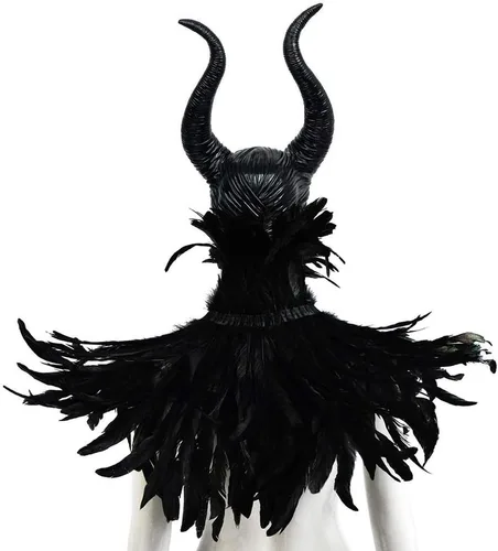 Vista 6 de L'VOW chal gótico con plumas negras y cuernos de Maleficent, disfraz de cuervo para Halloween