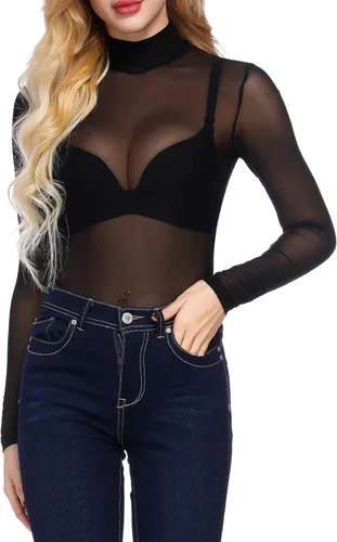 Vista 4 de Kate Kasin - Blusa de malla para mujer, de manga larga, con cuello alto, de cuello alto