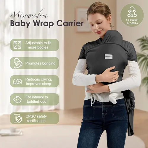 Vista 2 de MISSWISDOM Fular Portabebés, Fular Portabebés para Bebés Recién Nacidos de 3 a 16 kg, Fular para Llevar al Bebé Recién Nacido, Portabebés para Bebés