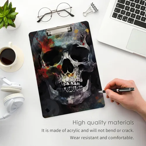 Vista 5 de Vnurnrn Portapapeles de plástico de calaveras coloridas con gancho tamaño A4 12,5 x 9 pulgadas clip de oro para la oficina de dibujo