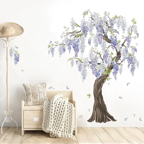 Vista 3 de wondever Pegatinas de pared de árbol de flores moradas, diseño de glicina para colgar en árbol grande, calcomanías de arte de pared para dormitorio