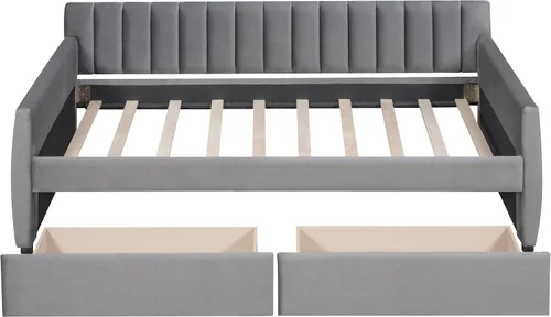 Vista 6 de SOFTSEA Sofá cama doble tapizado con cajones, sofá cama de terciopelo con listones de madera, soporte para dormitorio, sala de estar, no necesita