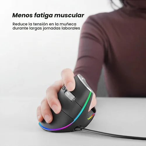 Vista 2 de Nulea M504 Ratón Vertical con Cable, Ratón Óptico Ergonómico USB con 4 DPI Ajustables, 11 Modos de Retroiluminación RGB, Compatible para Laptop, PC