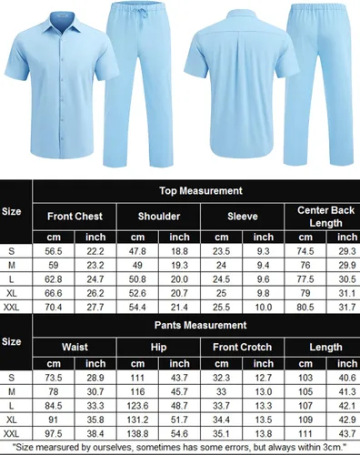 Vista 5 de COOFANDY Conjunto de lino para hombre, 2 piezas, casual, camisa con botones, pantalones con cordón