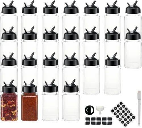 Vista 9 de Paquete de 12 tarros de especias de plástico transparente de 4 onzas con tapas de plástico negro, botellas cuadradas de especias, recipientes