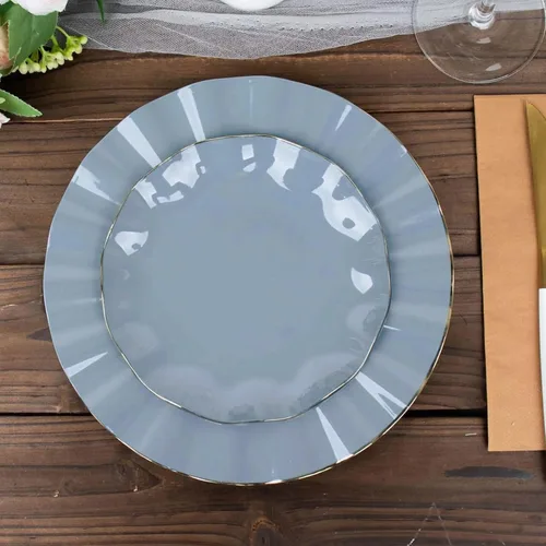 Vista 47 de Efavormart 10 Pack Platos redondos de plástico negro de 6" para postre y ensalada, platos desechables para aperitivos con borde ondulado dorado