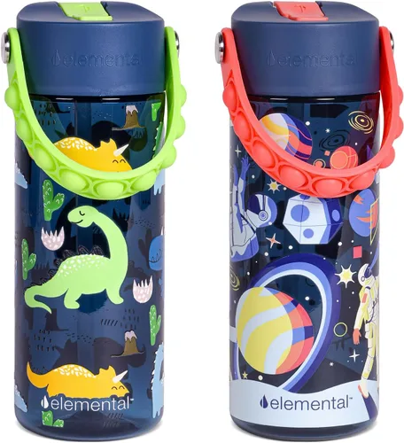 Vista 6 de Elemental Botellas de agua para niños – Botella de agua para niños Splash para la escuela con mango Pop-it – Botella de agua de plástico Tritan sin
