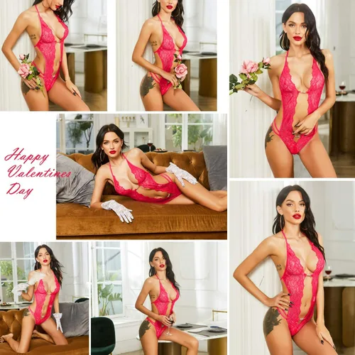 Vista 3 de Avidlove - Body de lencería de una pieza para mujer, diseño de encaje sexy con escote en V profundo, baby doll, tallas XS a XXXL
