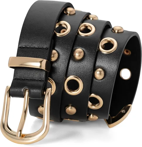 Vista 2 de Grommet Belt Women, Black Studded Belt Adjustable for Teens Negro-oro