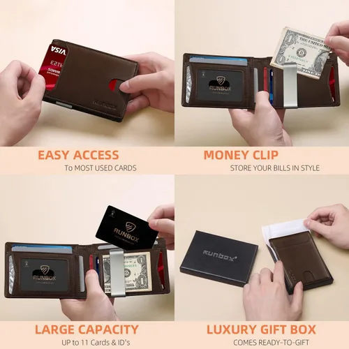 Vista 116 de RUNBOX - Carteras delgadas para hombre, cartera de piel con pinza para el dinero, cartera de bolsillo frontal con bloqueo RFID, tarjetero