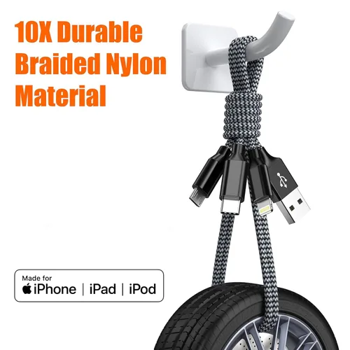 Vista 3 de Cable de Carga Múltiple de 4 pies, Paquete de 2 Cargador USB 3 en 1, Cable Cargador Múltiple para iPhone Trenzado de Nylon Certificado Apple MFi