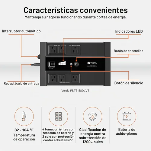 Vista 3 de Vertiv Liebert PowerUPS 100 PST6-500LVMT Batería Backup UPS 500VA USB-C+A