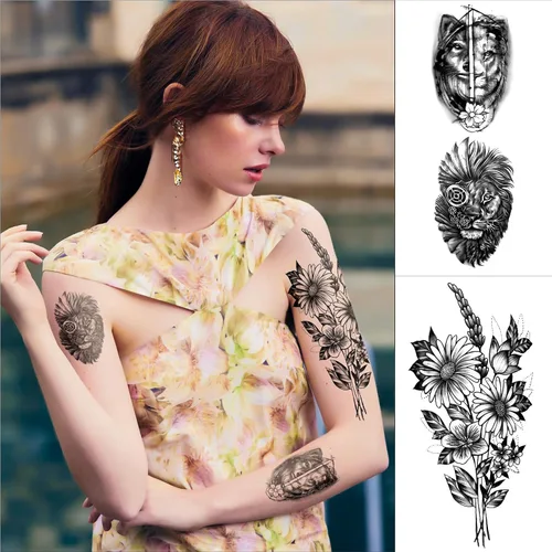 Vista 4 de Tatuajes temporales de manga completa para hombres y mujeres, 46 hojas de tatuajes falsos para adultos, león realista, lobo, águila, ciervo, flor