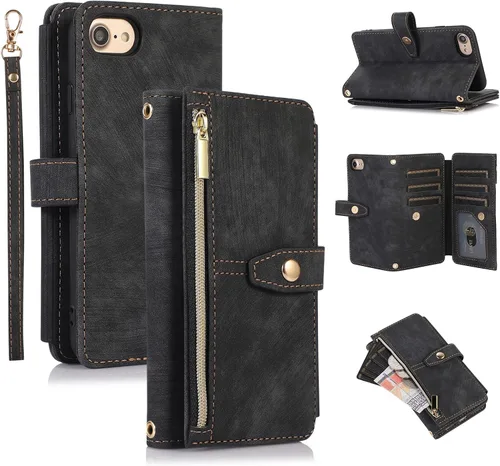 Vista 17 de UEEBAI Funda tipo cartera para iPhone SE 2022 5G/iPhone 7/iPhone 8/iPhone SE 2020, retro con 9 ranuras para tarjetas, bolsillo con cremallera, funda