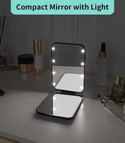 Vista 7 de WOBSION Espejo pequeño con luces, espejo de maquillaje compacto LED, mini espejo de viaje 1x/3x con aumento, portátil para bolso, bolsillo, regalos
