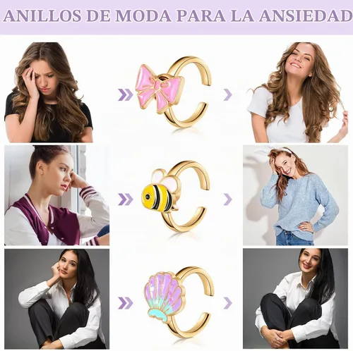 Vista 4 de Juego de 9 anillos giratorios giratorios para ansiedad, anillos giratorios para ansiedad, apilables, giratorios, calmantes, ajustables para mujeres