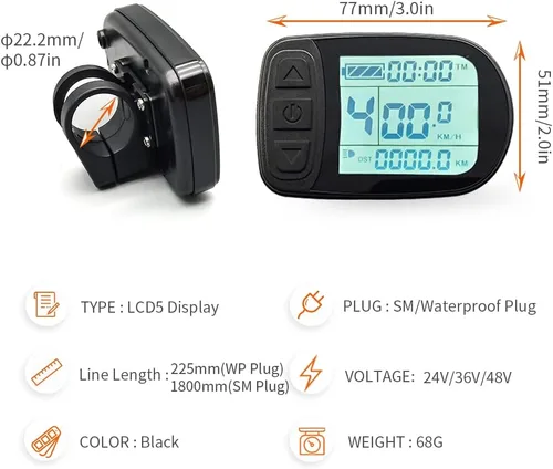 Vista 3 de Medidor de pantalla LCD Ebike KT-LCD5 24 V 36 V 48 V 52 V bicicleta eléctrica Kit de conversión pantalla para controlador KT