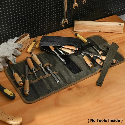 Vista 6 de Rollo de organización de herramientas, bolsa de lona encerada resistente de 16 onzas con 1 bolsa desmontable con cremallera y 7 ranuras para Verde