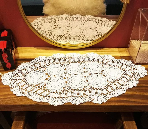 Vista 11 de Pasillos de mesa de algodón de ganchillo hechos a mano, color beige, bufandas ovaladas, 16 x 27 pulgadas.
