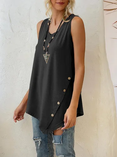 Vista 3 de LYANER Camiseta sin mangas de verano para mujer, cuello redondo, dobladillo asimétrico, sin mangas
