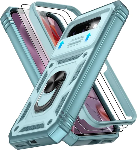 Vista 169 de Gritup Funda para Google Pixel 6 con cubierta deslizante para cámara y protector de pantalla (2 unidades), soporte de anillo giratorio 360°, funda