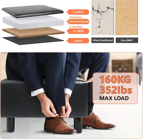 Vista 3 de BRIAN & DANY PU Leather Foot Stool with Wooden Legs & Padded Foam Seat, Small Ottoman Footrest Seat, Black