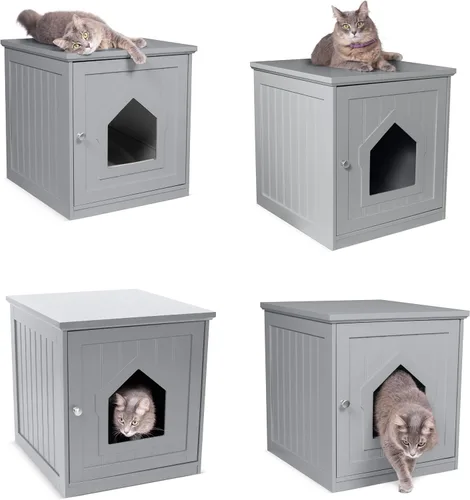 Vista 9 de BIRDROCK HOME Casa decorativa para gatos y mesa auxiliar Mesita de noche gris Caja de interior para mascotas Recinto para caja de arena Caja