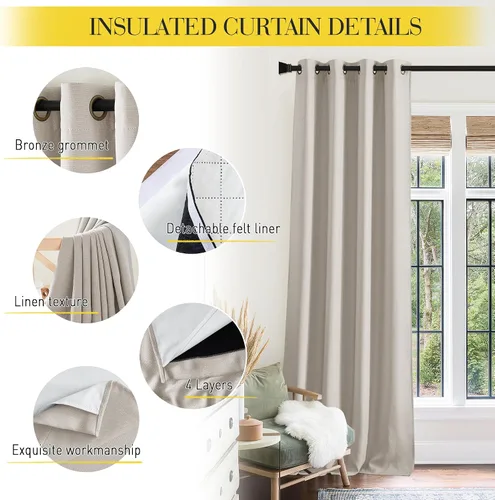 Vista 7 de NICETOWN Cortinas de Lino Sintético Angora con Barrera de Sonido que Aísla el Polvo, 100% Opacas, de 84 Pulgadas de Largo, 1 Panel, Cortinas