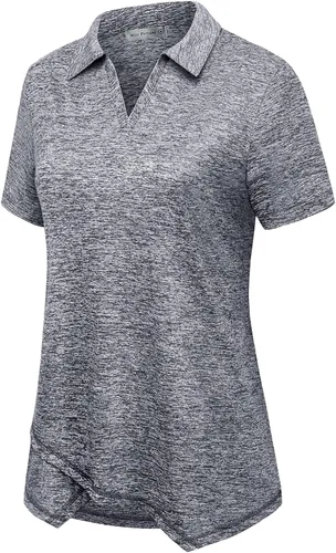Vista 3 de MISS FORTUNE Camiseta de entrenamiento para mujer, polo de golf, manga corta, cuello en V, ligera, absorbe la humedad, camiseta de trabajo atlética