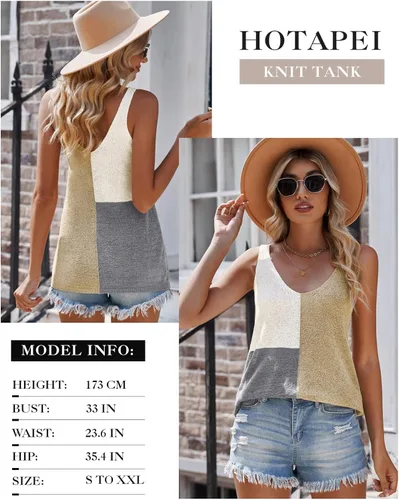 Vista 7 de HOTAPEI - Camisetas sin mangas con cuello en V, de punto, estilo casual, con bloques de color, a rayas, para mujer
