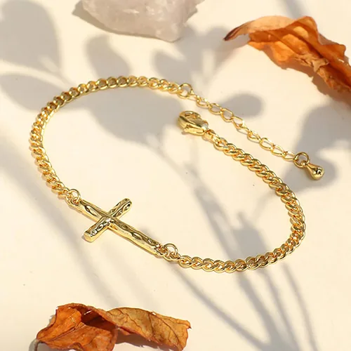 Vista 7 de Pulsera de cruz para mujer, chapada en oro de 18 quilates, pulsera de eslabones de cadena cubana, pulsera de oro para mujer, regalos de confirmación