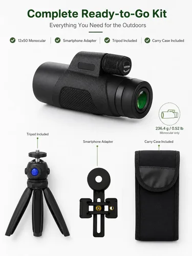 Vista 8 de Monocular de 12x50 con adaptador de teléfono y trípode