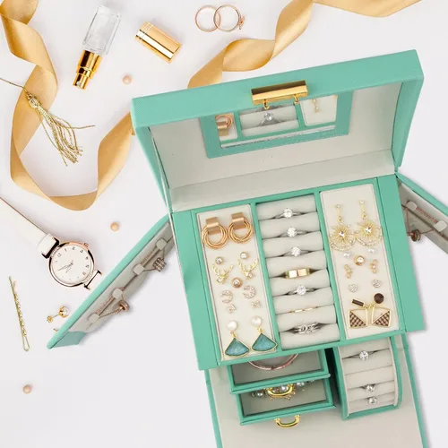 Vista 5 de Joyero multifunción con espejo 2 cajones y cerradura organizador de almacenamiento de piel sintética para pulseras aretes anillos collares relojes