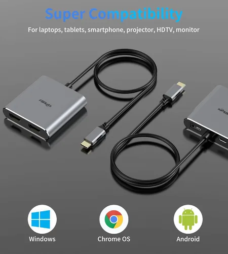 Vista 7 de Adaptador USB C a HDMI Dual 4K@60Hz, 4 en 1 USB C a HDMI Convertidor con carga PD de 100 W USB 3.0, divisor USB C a HDMI Pantalla extendida