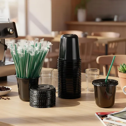 Vista 2 de Baderke Juego de 25 vasos de plástico con tapas y pajitas, tazas de plástico desechables para café helado, jugo, batido, cristal para cafeterías
