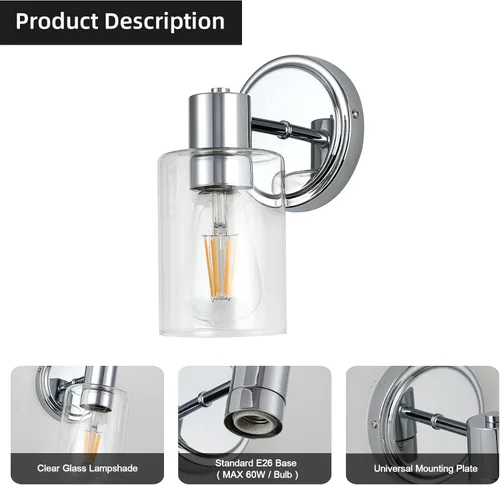 Vista 3 de Apliques de Pared de Baño de 2 Luces con Cristal Transparente, Luces de Pared de Baño Sobre Espejo, Luces de Tocador Cromadas con Base E26