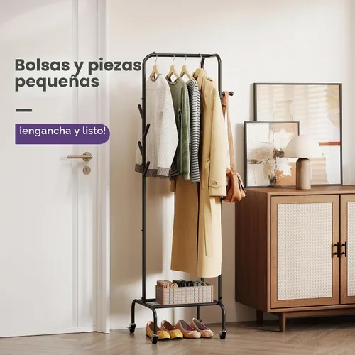 Vista 6 de Moderno perchero de bambú, independiente con 2 estantes, 5 ganchos, diseño giratorio, soporte resistente para entrada, sala de estar, 72 x 24 x 24