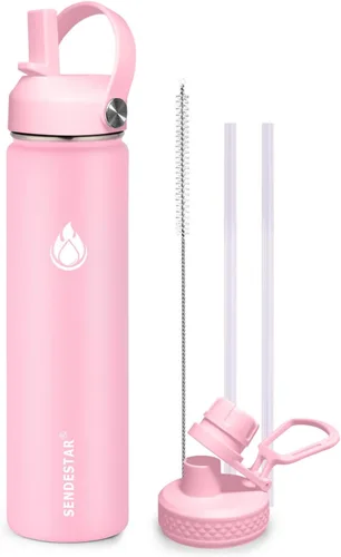 Vista 32 de SENDESTAR Botella de agua aislada de 24 onzas, boca ancha, botella de agua de 24 onzas con tapa con popote, tapa de boquilla, acero inoxidable