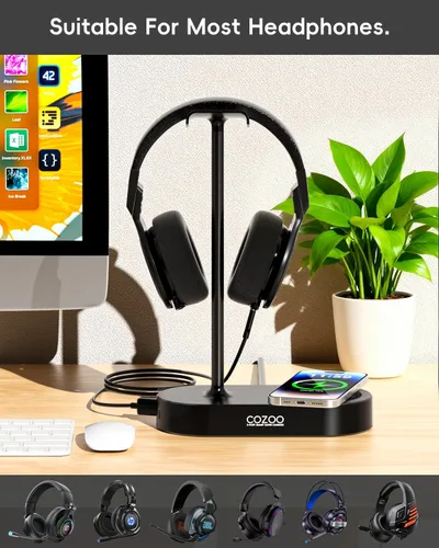 Vista 4 de COZOO Soporte para auriculares con almohadilla de carga inalámbrica rápida y 2 puertos de carga USB, adecuado para juegos, DJ, accesorios