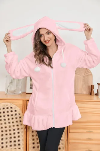 Vista 2 de Lanliun Abrigos de conejo de moda con capucha de orejas de conejo para mujer, suéter de franela con cremallera, abrigos de conejo