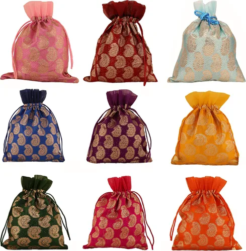 Vista 9 de Touchstone Bolsas de cordón tradicionales indias hechas a mano en tejido brocado con patrón de hojas de ficus. Perfecto para regalos, joyas, bodas