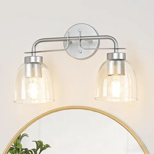 Vista 16 de Luces de tocador modernas de mediados de siglo de 16 pulgadas, lámpara dorada de 2 luces con pantallas de campana blancas esmeriladas, aplique