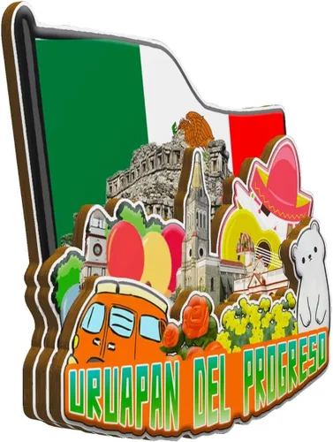 Vista 2 de Uruapan del Progreso - Imán para nevera con imán de México en 3D, monumentos de madera, recuerdos coleccionables, decoración hecha a mano -2117