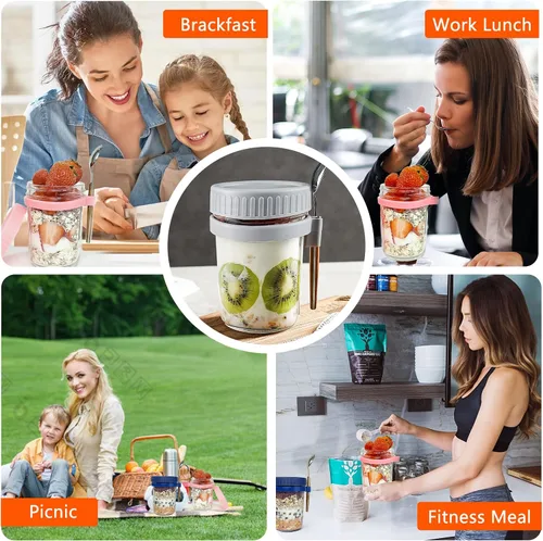Vista 7 de Contenedor de avena durante la noche, conservas de vidrio de avena con tapas y cuchara, cereales de 10 onzas, leche, ensalada de frutas, con marcas